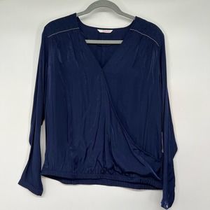 Camaieu Wrap Blouse Women's Size 42 Blue Diamond Stitch Elastic Hem Long Sleeve